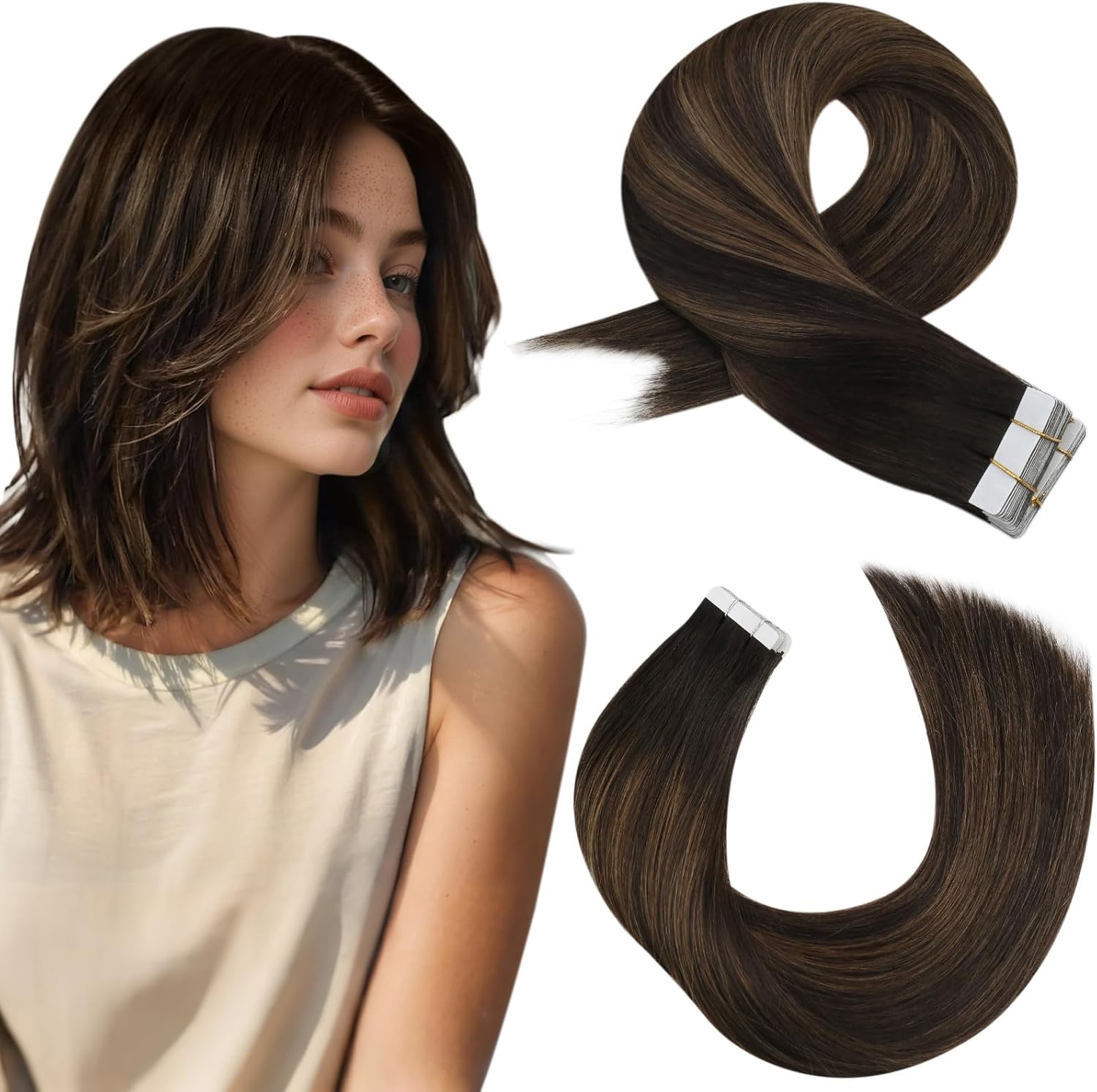 Extension Cheveux Naturel Adhesif Ombre Brun le plus Foncé avec Brun Moyen Tape Extension Adhésive Cheveux Humain 30 cm 20 Pièces 30g #2/6/2 1.1#2/6/2 30 cm(20PCS)