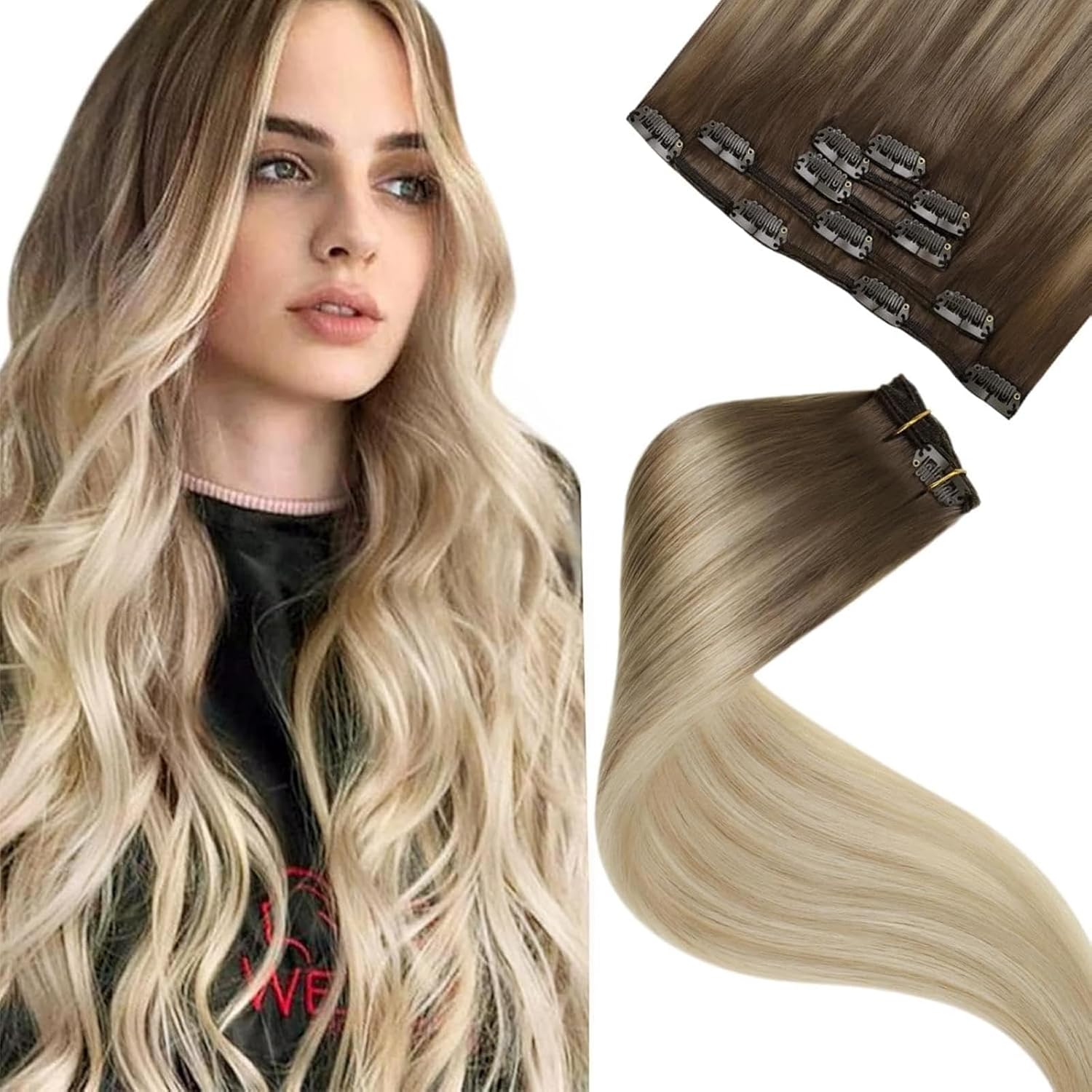 Extension Cheveux Naturel Clip Brun Balayage Blanc Extension a Clip Cheveux Vrai Humain Marron Clair Ombre a Blonde Clair Blond Platine Courte 5pcs 70g 30cm Remy #8/18/60 30cm-70g 2.2#8/18/60