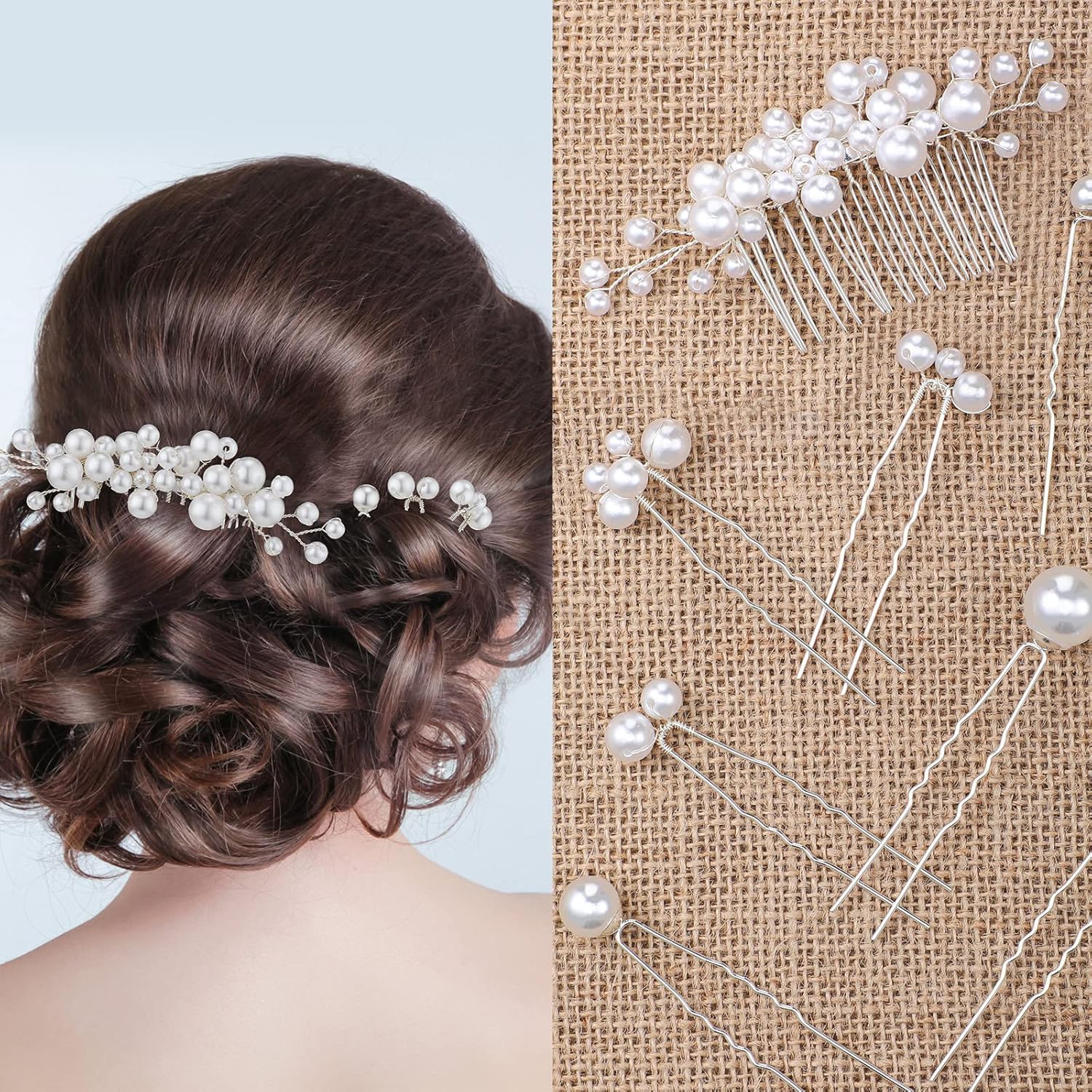 Set de 9 Pièces Épingles à Cheveux en Perle Peigne à Cheveux de Perle de Mariage Mariée Peigne Côté de Mariée en Argent Pince à Cheveux de Mariée en Forme de U Pièce de Cheveux Chignons