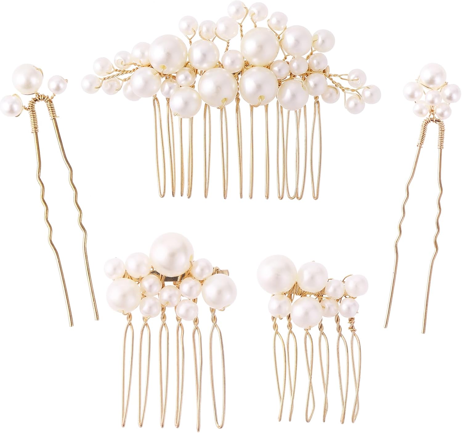 Lot de 5 épingles à cheveux avec perles – Peigne latéral doré en forme de U pour mariage
