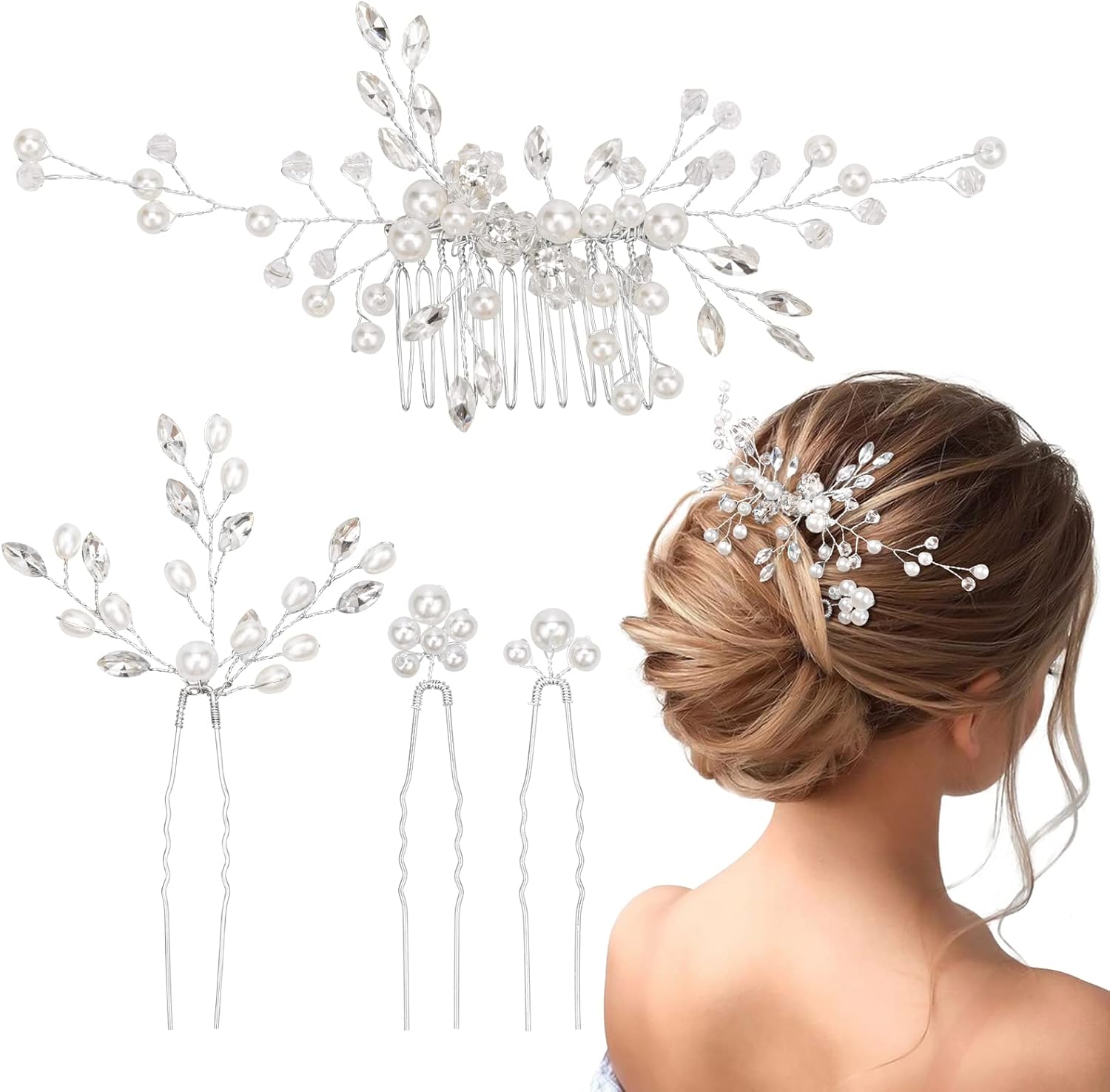 4 Pièces Peigne de Cheveux de Mariage de Mariée, Pinces à Cheveux de Mariage Bijoux de Cheveux de Mariage Perle Cristal Cheveux Accessoires pour Femmes et Filles, Argent