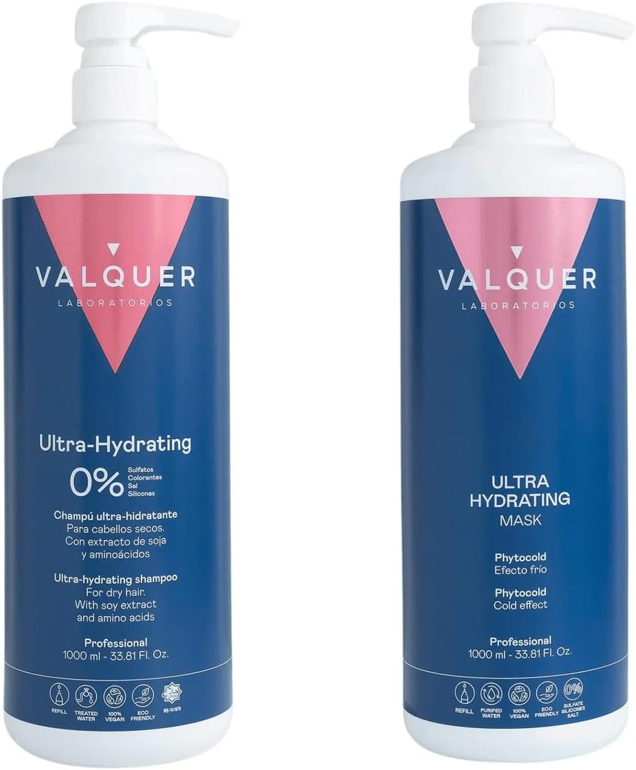 Valquer Profesional Pack Shampoing + Masque Effet Glace Ultra-hydratant - Sans sel - sans silicones - sans parabènes et sans sulfates - Cheveux secs - L - Simple - 2 Unité