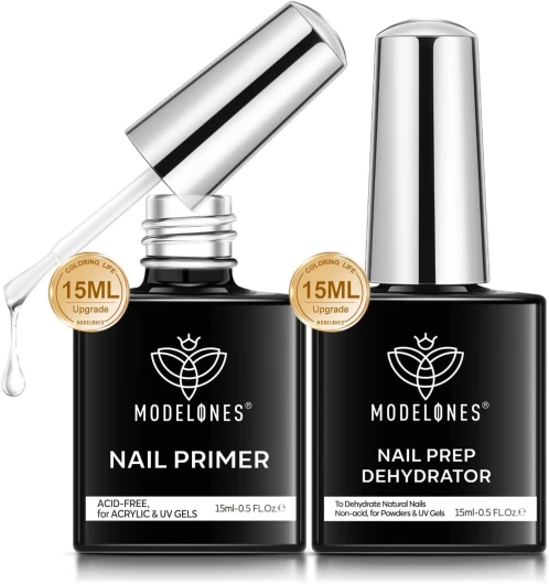 Modelones Primer Ongle Gel UV et Déshydrateur Kit Vernis Semi Permanent pour Acrylique Polygel Vernis à Ongles Nail Prep Déshydratation et Collage Manucure Naturels Air Dry 15 ml 2pcs