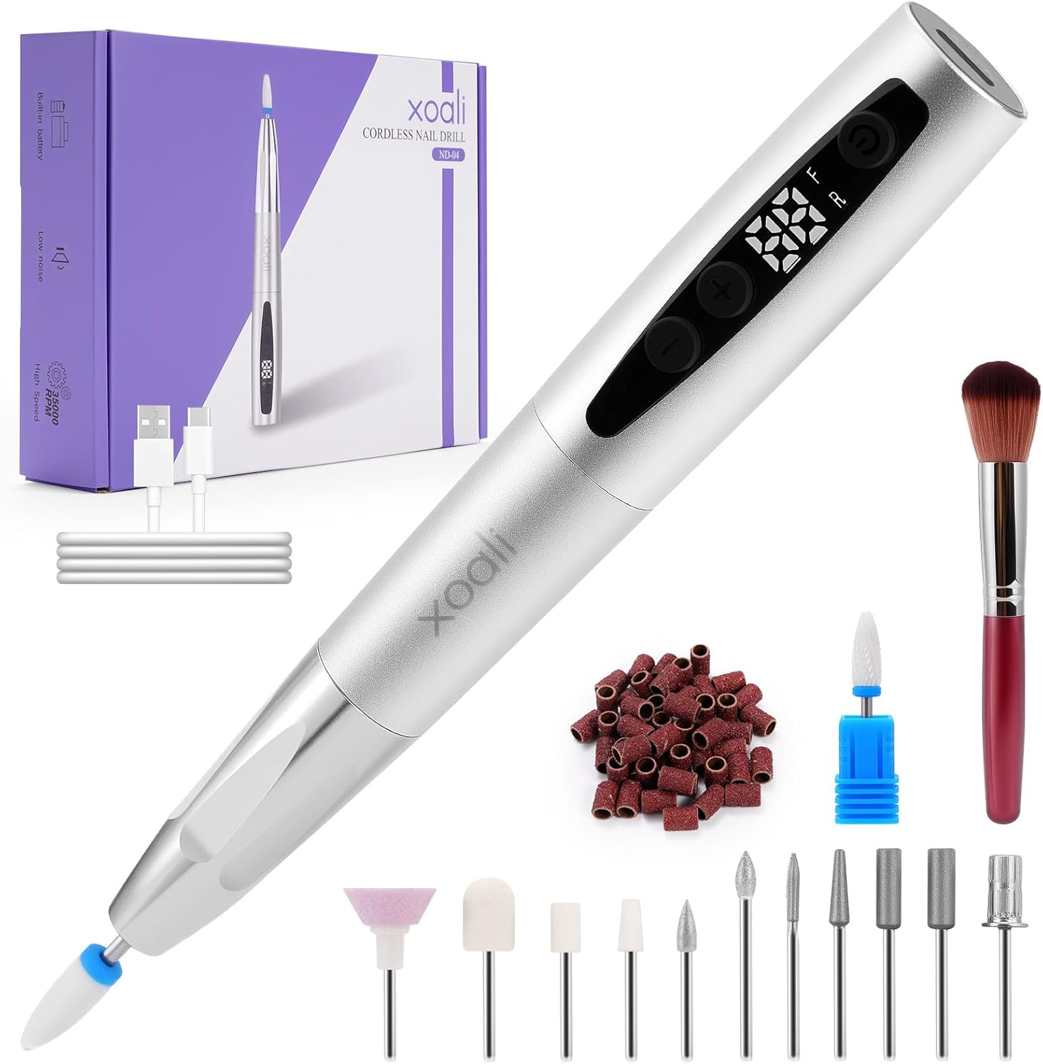 Xoali Ponceuse pour Ongles Professionnel, Lime à Ongle Electrique Rechargeable Sans Fil 35000 tr/min avec écran LED, Kit de Manucure Pédicure Vitesse Réglable pour Ongles en Acrylique et en Gel