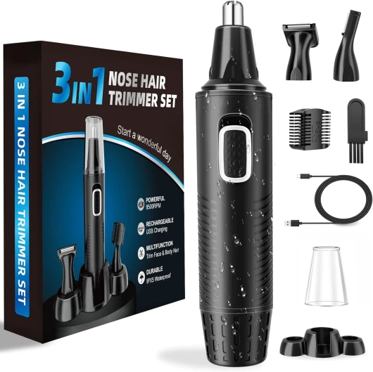 Tondeuse pour poils du nez, rechargeable par USB, 3 en 1, avec double lames de coupe, pour sourcils et visage sans douleur pour hommes et femmes Noir