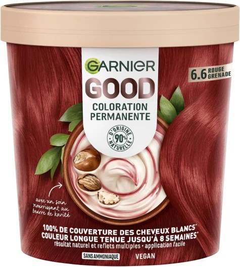 Coloration Permanente - Sans Ammoniaque - 90% d'Ingrédients d'Origine Naturelle et Formule Vegan - Beurre de Karité - 100% Couverture Cheveux Blancs - Rouge Grenade (6.6) - Good Rouge Grenade 6.6 160 g (Lot de 1)