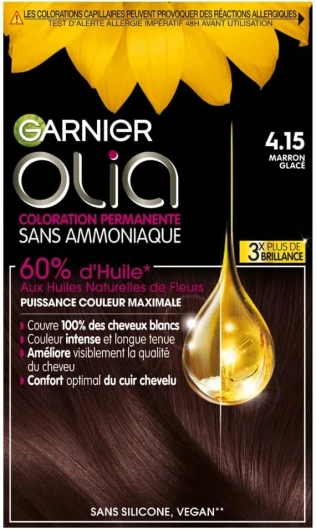 Coloration Permanente - Sans Ammoniaque - Aux Huiles Naturelles de Fleurs - Marron Glacé (4.15) - Olia 4.15 Marron glacé 4.15 Marron Glacé