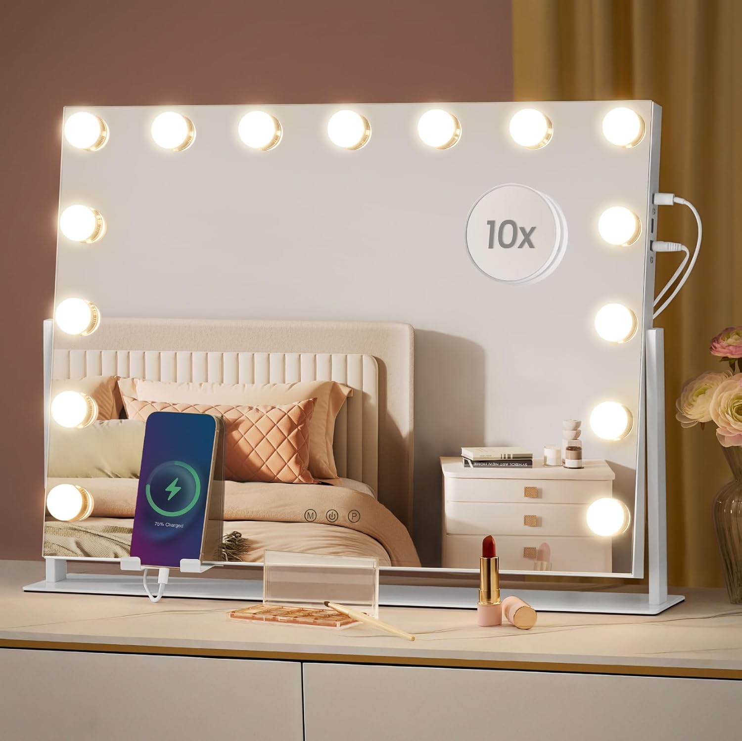 Miroir Coiffeuse, Contrôle Tactile, 15 Ampoules LED, Ports de Charge, Miroir Grossissant Détachable 10X, 3 Températures de Couleur, Support de Téléphone, 58 x 43 cm, Blanc Mat LWM001W02