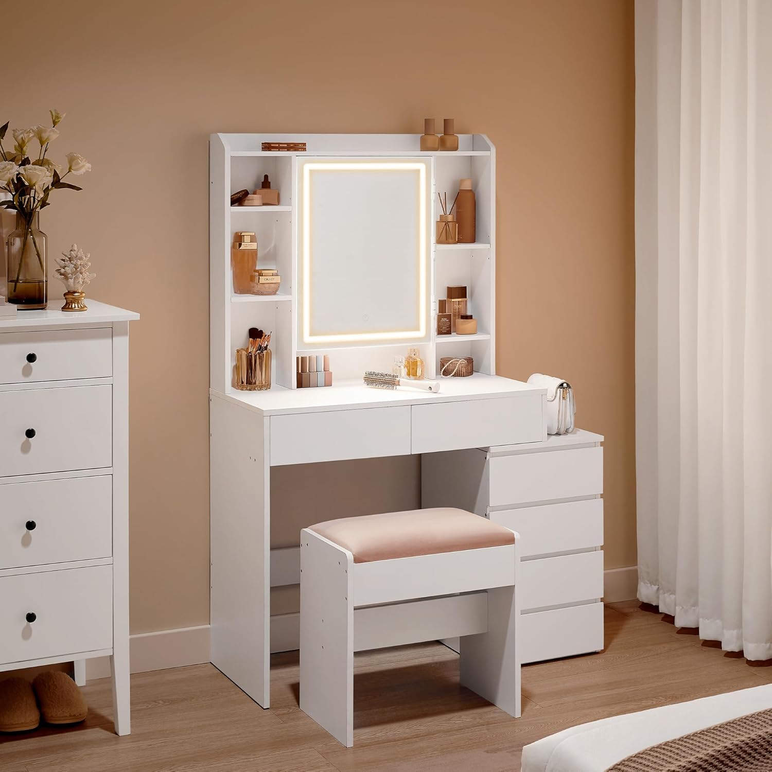 Coiffeuse, Grand Miroir LED à Luminosité Réglable, Table de Maquillage avec Miroir, Compartiments Ouverts, Tabouret, Étagères Réglables, Moderne, Blanc Nuage RDT125W01 97,5L cm coiffeuse + Tabouret