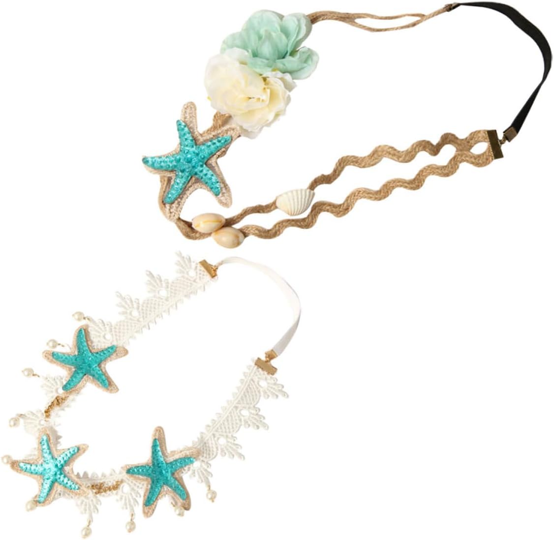 2pièces Headband Floral Élastique Coquillage Et Dentelle Accessoires De Cheveux Pour Mariage Et Occasions Spéciales