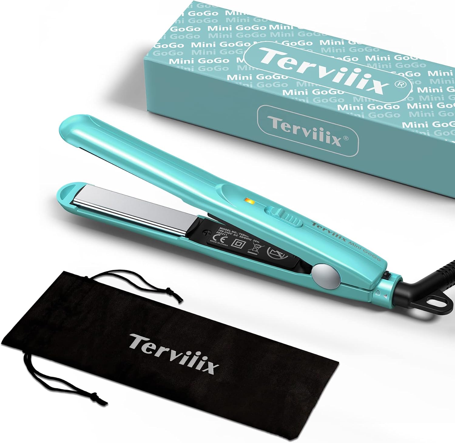 Terviiix Mini Fer Plat Céramique pour Cheveux Courts et Franges Bouclées, Légers et Portables, Tension Mondiale pour les Voyages, avec Pochette de Rangement, Bleu