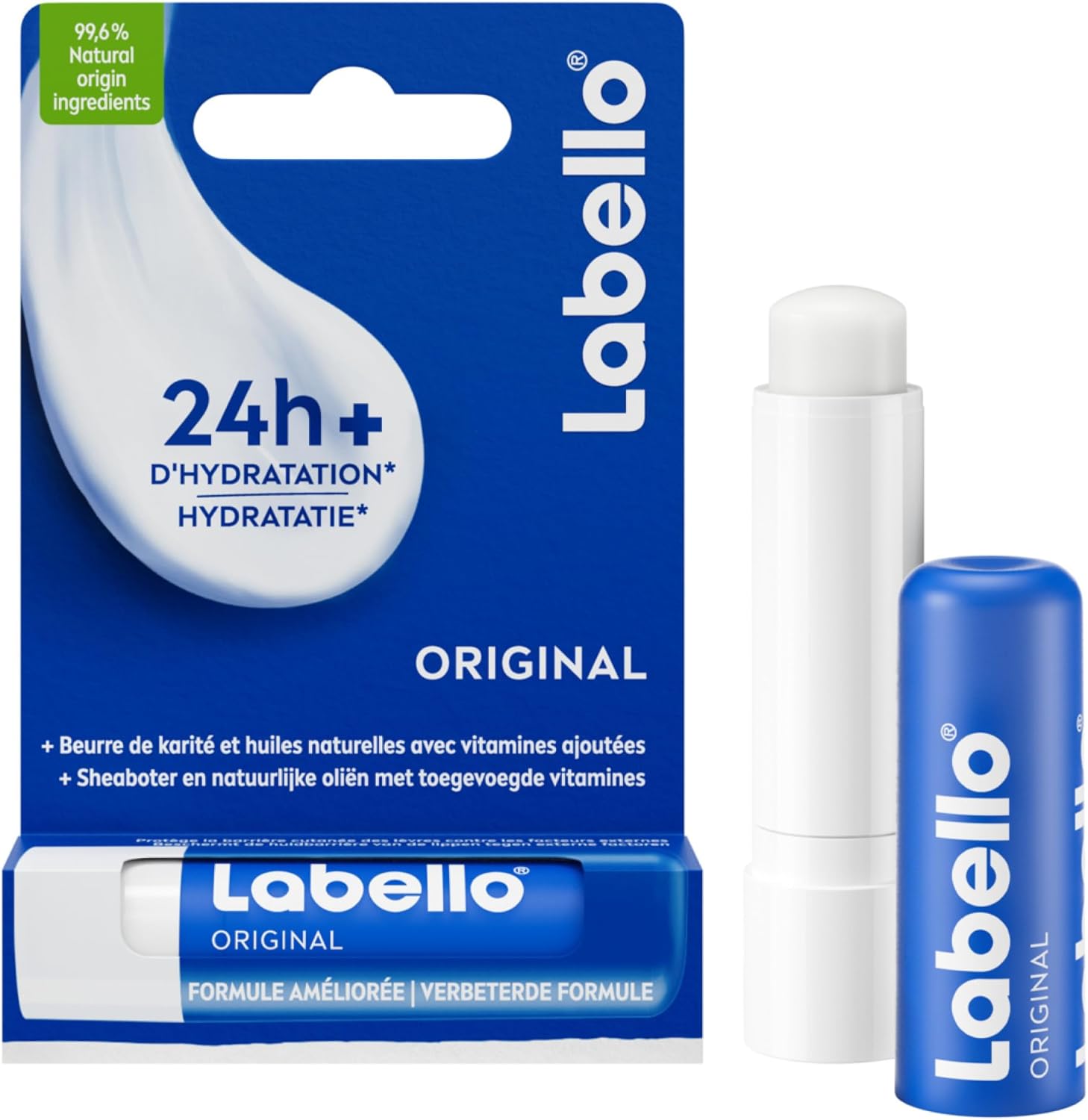 LABELLO Original (1 x 4,8g), Baume à lèvres enrichi en huiles naturelles et à la texture onctueuse, Soin des lèvres Hydratation longue durée pendant 24H