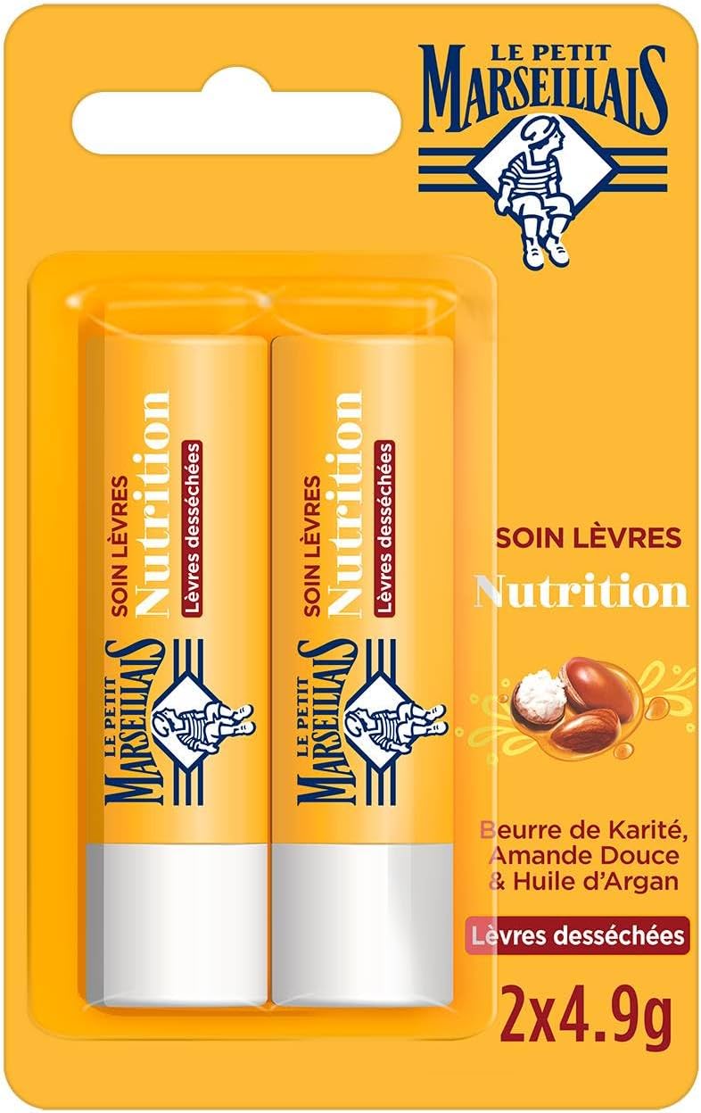 Soin Lèvres Nutrition Lèvres Desséchées (2 tubes de 4,9 g) – Baume à lèvres au beurre de karité, amande douce et huile d'argan – Stick à lèvres nourrissant 4.9 g (Lot de 2) Karité Argan x2