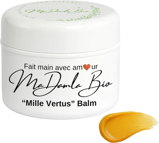Premium Baume Mille Vertus 50ml - MaDamla Bio - Baume Réparateur 98,5% Bio, 100% Naturel - Multi Usage - Sans Parfum ni Conservateur, Sans Huile de Palme - Fabrication Artisanale en France