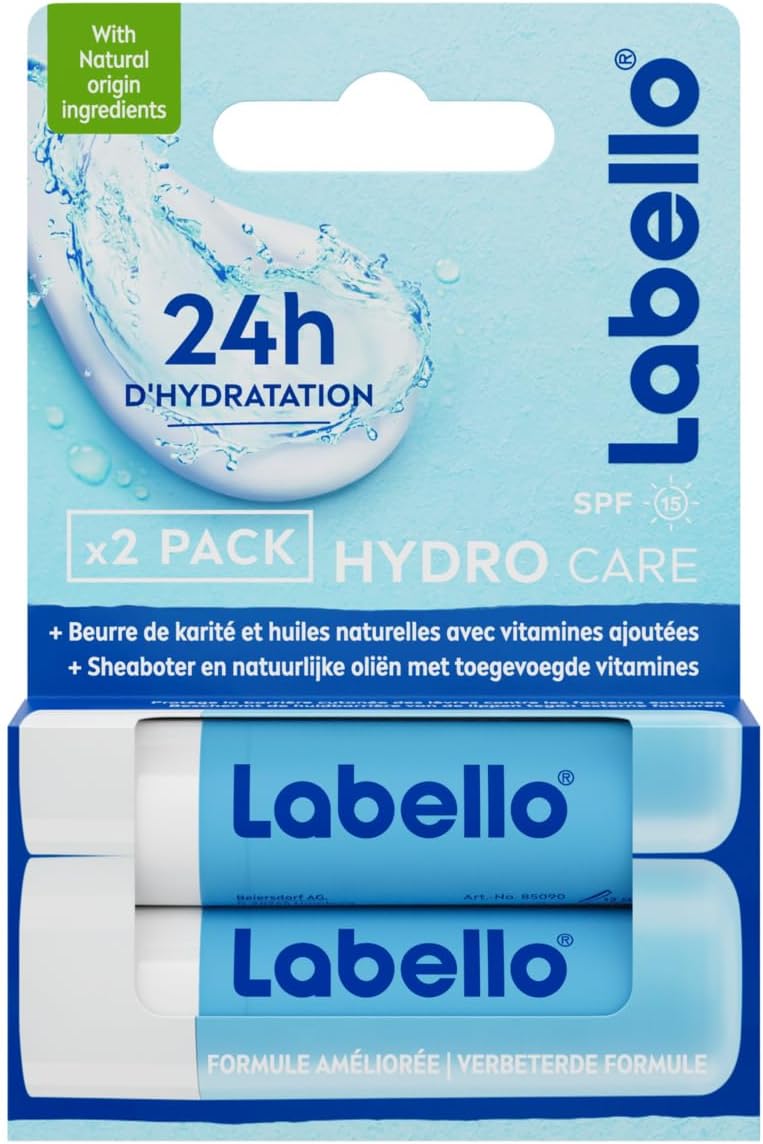 LABELLO Duo Hydro-Care (2 x 5,5 ml), Baume à lèvres FPS 15 hydratation longue durée pendant 24H, Soin des lèvres enrichi en huiles naturelles et au beurre de karité