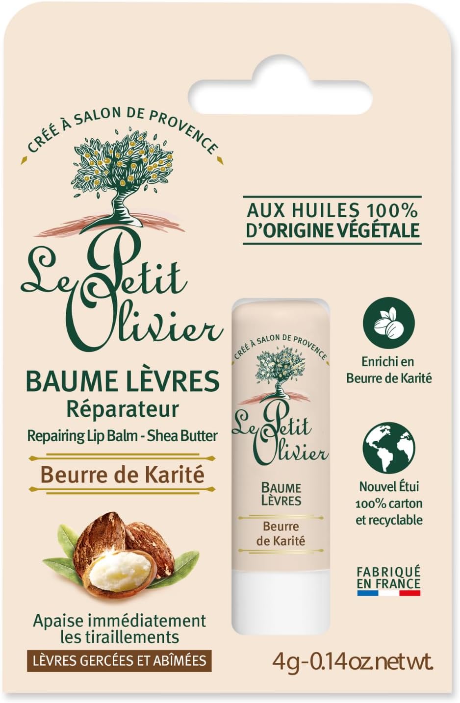 Baume Lèvres Réparateur - Beurre De Karité - Répare & Apaise - Lèvres Gercées Et Abîmées - Huiles 100% D'Origine Végétale - Fabriqué en France - 4 g 4 g (Lot de 1) KARITÉ