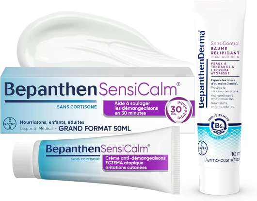 Bepanthen Sensicalm Crème Eczéma & Anti Démangeaisons - Soulagement Rapide 30 min - Eczéma Atopique - Sans Parfum ni Cortisone - Grand Format 50g + BepanthenDerma SensiControl Baume Relipidant 10ml SensiCalm 50g + SensiControl 10ml