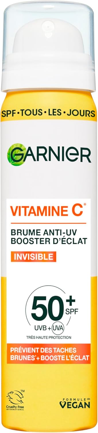 Brume Anti-UV Booster d'Éclat - SPF 50+ - Fini Invisible - Protège, Prévient les Taches & Booste l'Éclat - Soin Visage Enrichi en Vitamine C - Tous Types de Peau - 75 ml Brume Brume fixatrice