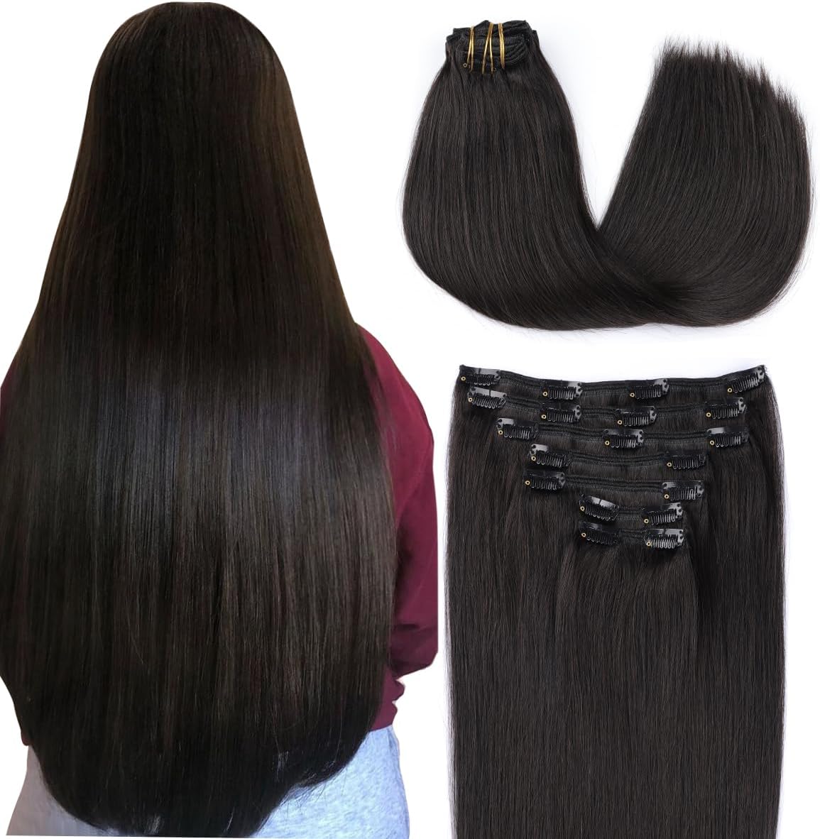 Clip Extension Cheveux Noir #1B Clip Cheveux Naturel Lisse 35cm Extension Cheveux Naturel Clip140g 14pouce 7pièces(7C#1B-14") 2.#1B(7pcs) 14pouces/35cm