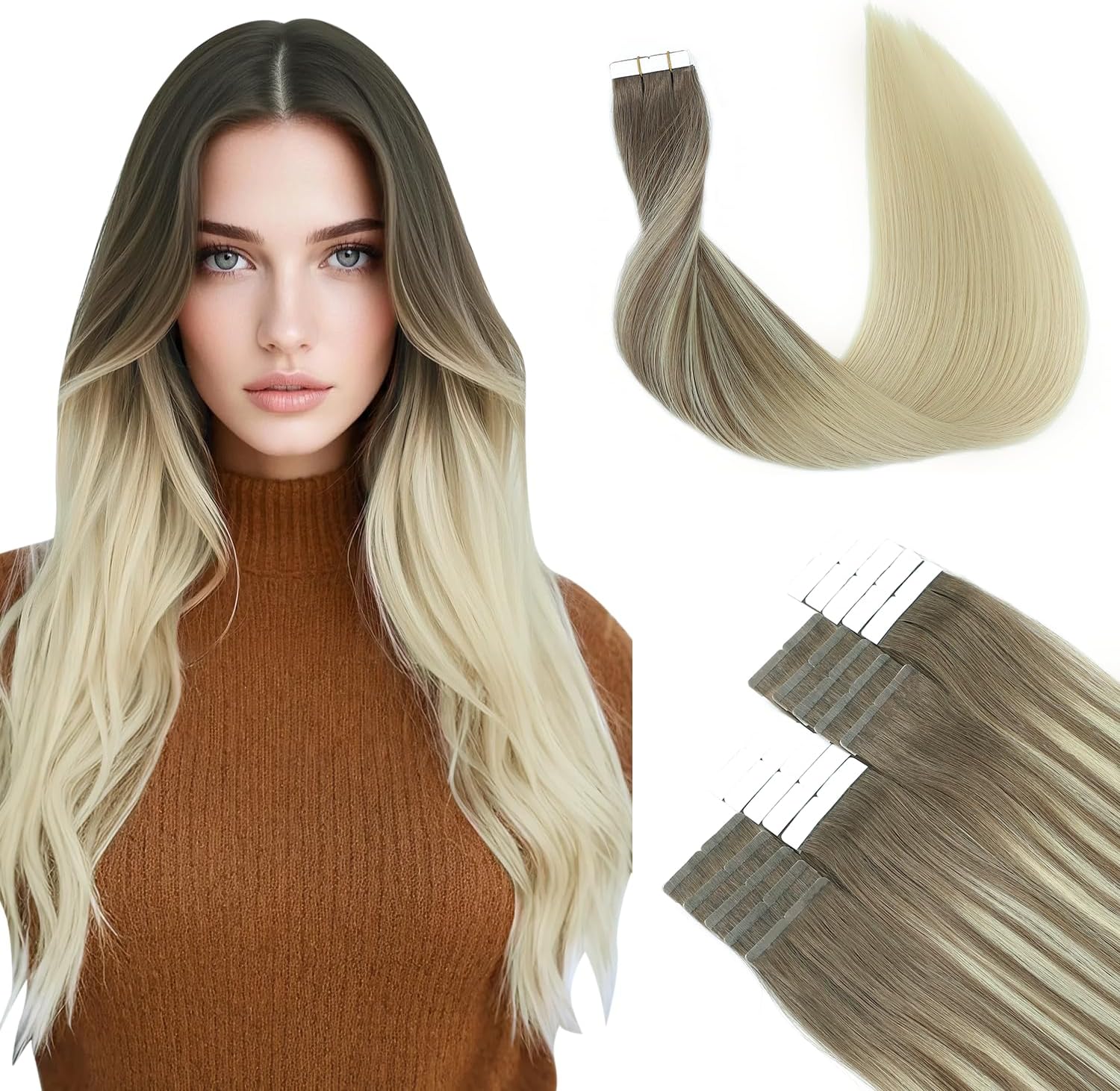 Extension Adhésive Cheveux Naturel 50cm Extension Cheveux Adhesive Brun Clair Ombre A Blond Platine Bande Adhesive Extension 20pcs/50g Extensions de Cheveux(#8/60-20） 1.#8T60 20pouces/50cm