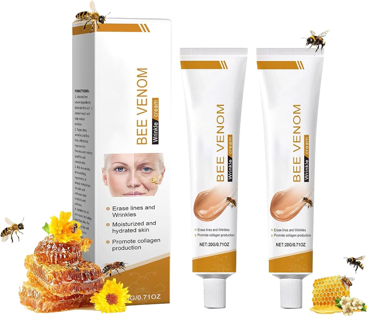 2PCS Crème au Venin d’Abeille Anti-Rides 20g, Soin Hydratant Visage et Cou, Raffermissante et Réparatrice, Pour Hommes et Femmes Blanc