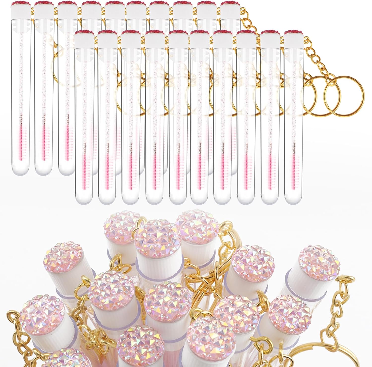 Mekupeu Lot de 20 baguettes à mascara comprenant 20 bobines de cils en cristal, 20 brosses à sourcils, 20 porte-clés en diamant réutilisables, accessoires d'extension de cils (rose)