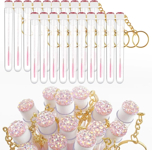 Mekupeu Lot de 20 baguettes à mascara comprenant 20 bobines de cils en cristal, 20 brosses à sourcils, 20 porte-clés en diamant réutilisables, accessoires d'extension de cils (rose)