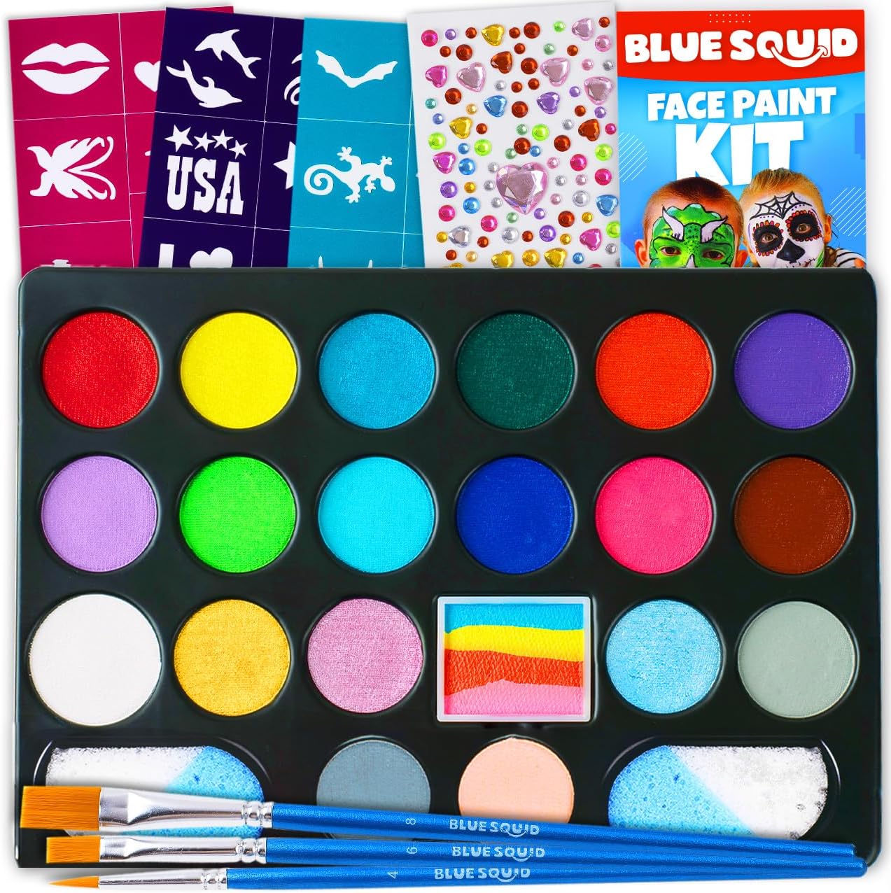 Palette Maquillage Enfants, 24 Couleurs Kit Maquillage Enfant, Lavable Peinture Visage Enfant, Avec 3 Pinceaux, 24 Pochoir, Maquillage Enfants Carnaval Halloween Cosplay Fête D'anniversaire Gesichtsfarben-Set mit 24 Farben