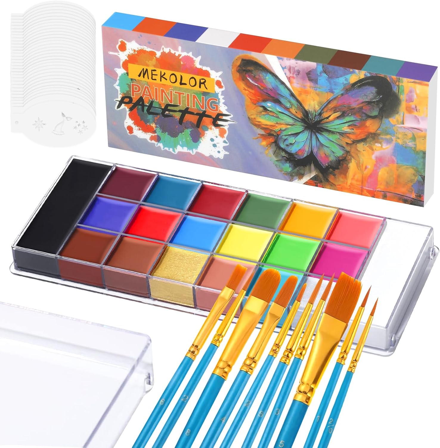 JAMATA Kit Peinture Corporelle&Visage 20 Couleurs,Palette Maquillage Hypoallergénique pour Enfants&Adultes,Non Toxique,Idéal pour Carnaval,Halloween,Soirées Thématiques avec 32 Pochoirs&10 Pinceaux