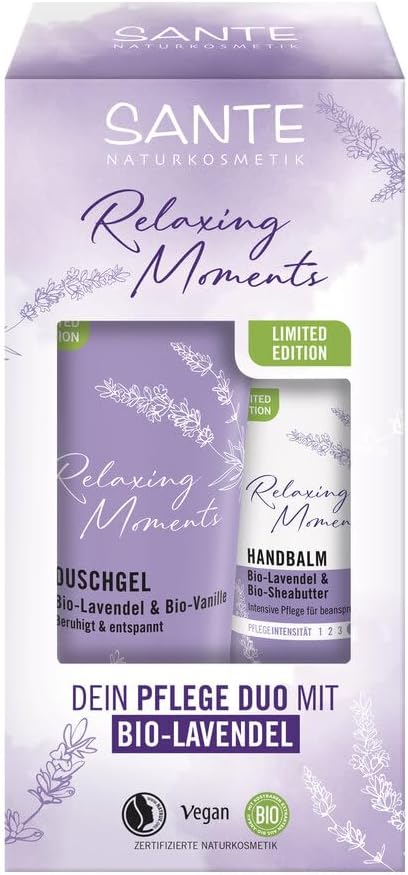 SANTE Naturkosmetik Coffret cadeau lavande édition limitée (X-Mas), duo de soin relaxant à la lavande bio et à la vanille, idéal comme cadeau de Noël, gel douche 200 ml et baume pour les mains 75 ml