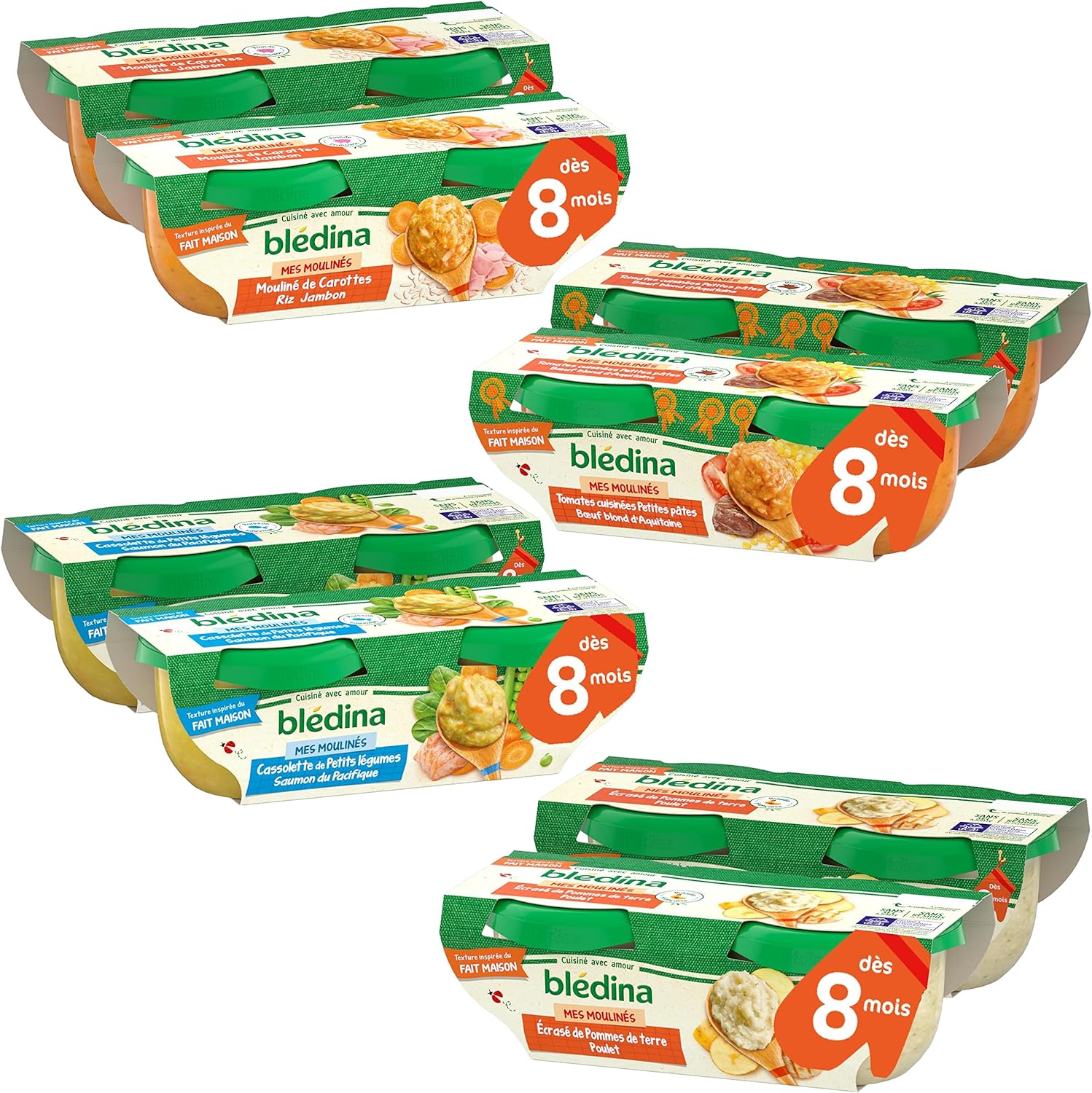 Mes Moulinés - Repas bébé – 16 bols avec 4 Recettes inspirées du Fait Maison - Dès 8 Mois - Sans sel ajouté – 16x200g