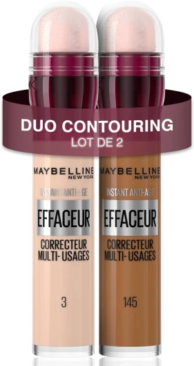 Maybelline New York - Lot de 2 Anti-cernes Fluide - Kit Correcteur & Contouring - Instant Anti-Age L’Effaceur - Teintes : Clair (03) & Olive Doré (145) - 2x 6,8 ml