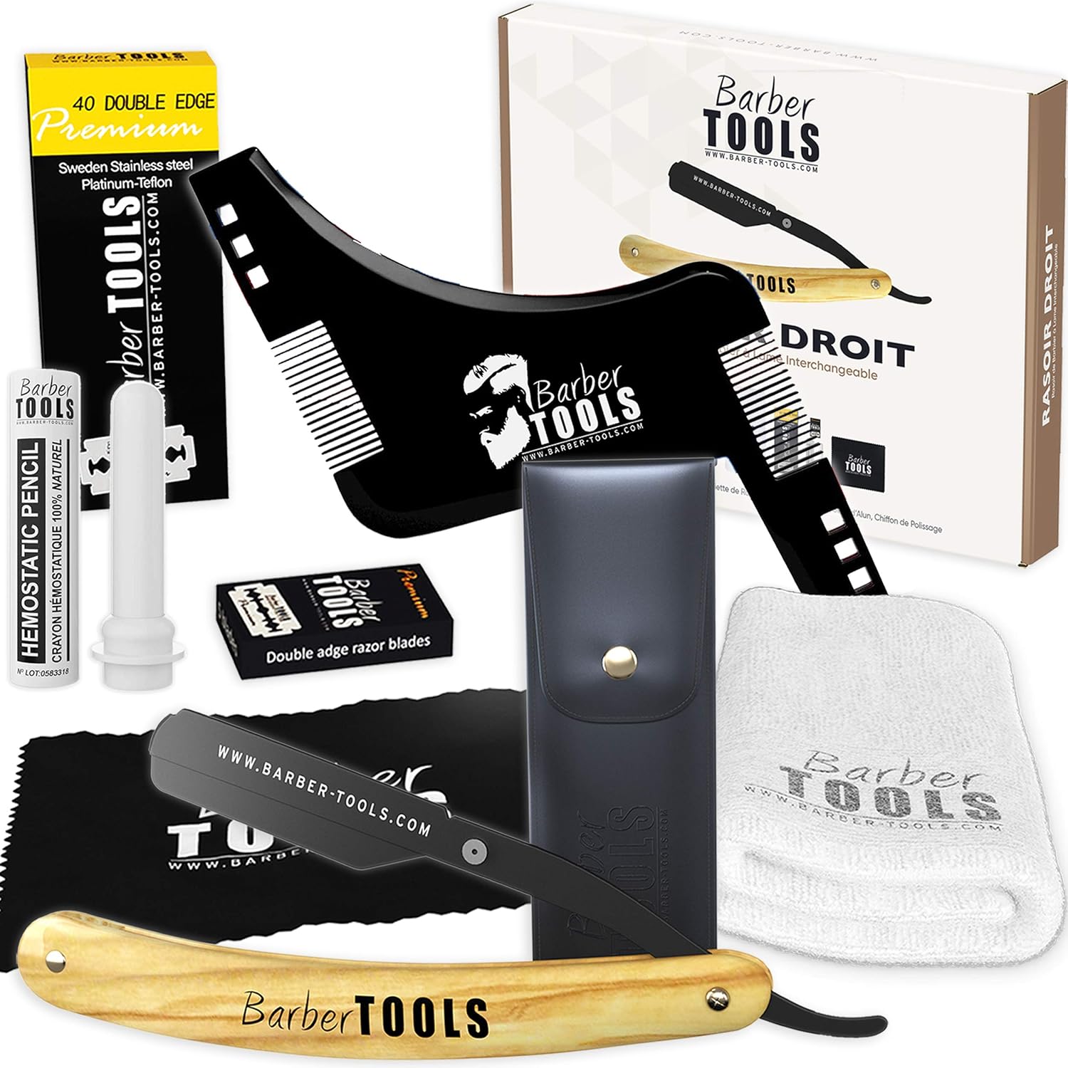 Kit de rasage - Rasoir de barbier lame interchangeable + 40 doubles lames (80 Lames Simples) + Chiffon + Stick d'alun + Étui de rangement + Serviette de rasage + Peigne pochoir (traceur de contour)