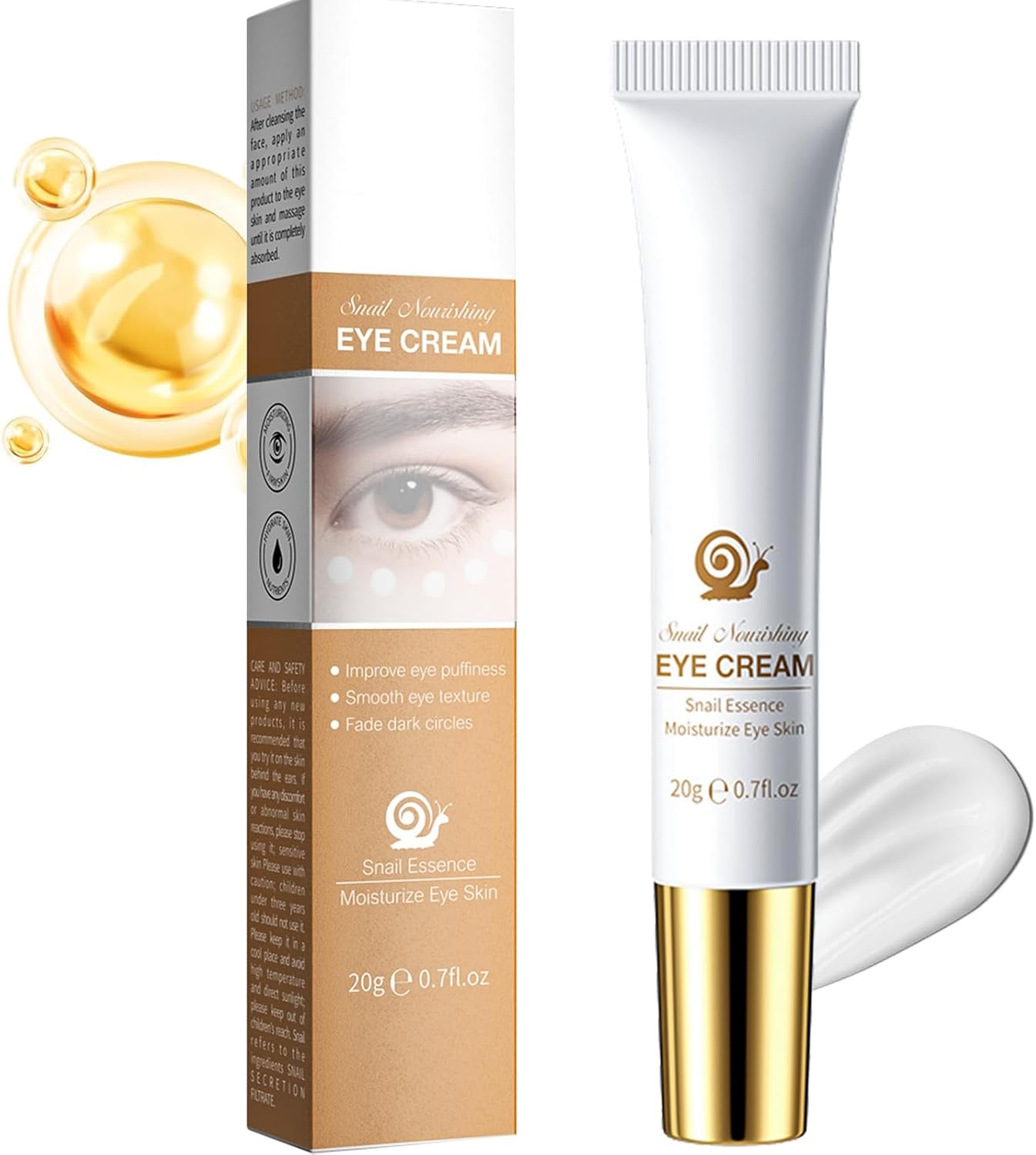 Crème contour des yeux anti-âge à la bave d'escargot - Réduit efficacement les rides des yeux - Pour les poches sous les yeux, les ridules, les cernes et les rides, soin raffermissant, 20 g Beige