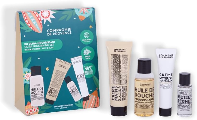 La Compagnie de Provence - Kit Découverte Ultra Nourrissant - 4 Best-Sellers au Karité - Huile Sèche 10ml, Crème Visage Riche 15ml, Huile de Douche 30ml et Crème Mains 30ml - Format Voyage