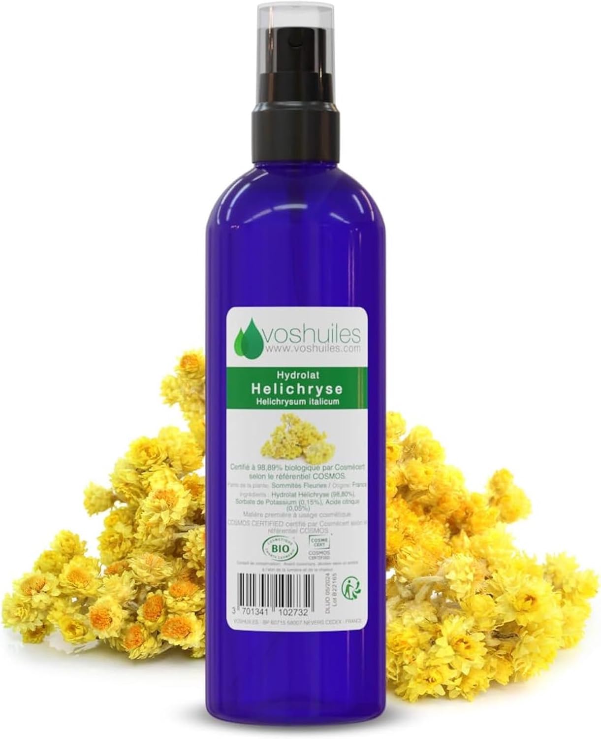 VOSHUILES - Hydrolat d'Hélichryse COSMOS - Immortelle - 100ml - Eau Florale Naturelle pour Soin de la Peau- Cosmétique BIO- Tonifiant et Apaisant- Qualité Premium Hélichryse BIO 100 ml (Lot de 1)