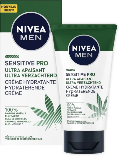 MEN Crème hydratante visage ultra-apaisante Sensitive Pro (1 x 75 ml), Crème visage hydratante à l’Huile de Chanvre Bio, Soin homme apaisant à la formule vegan Ultra Apaisant