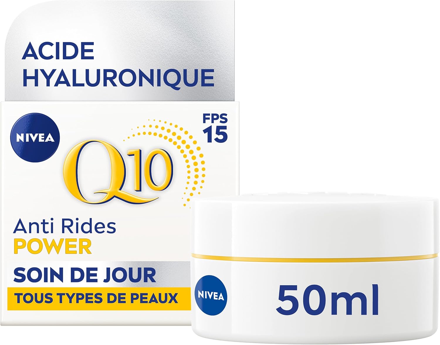 Q10 Power Soin de Jour FPS15 (1x50 ml), crème anti rides enrichie Q10 Pur & Acide Hyaluronique, crème anti-âge booster de collagène, soin hydratant visage extra fermeté tous types de peaux Soin de Jour FPS 15
