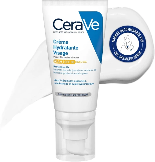 CeraVe - Crème Hydratante Visage SPF30 - Crème de Jour avec Protection UVB + UVA - Acide Hyaluronique, Céramide, Niacinamide, Vitamine E - Peau Normale à Sèche