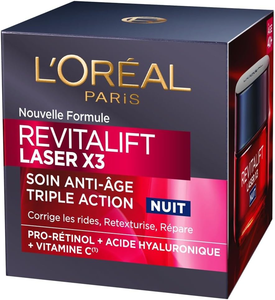 L'Oréal Paris - Crème Masque Nuit Triple Action Anti-Âge - Anti-Rides & Multi-Correction - Enrichi au Pro-Rétinol, à l'Acide Hyaluronique & à la Vitamine C - Revitalift Laser X3 - 50 ml Soin Nuit Anti-Age