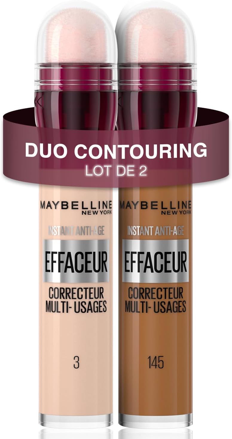 Maybelline New York - Lot de 2 Anti-cernes Fluide - Kit Correcteur & Contouring - Instant Anti-Age L’Effaceur - Teintes : Clair (03) & Olive Doré (145) - 2x 6,8 ml