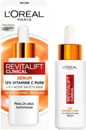 L’Oréal Paris – Sérum 12% Vitamine C Pure + Acide Salicylique + Vitamine E – Antioxydant & Anti-Âge – Teint irrégulier, Pores et Ridules – Flacon Anti-UV – Revitalift Clinical – 30 ml Sérum Vitamine C
