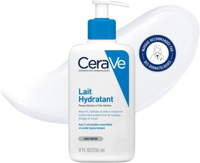 Lait Hydratant - Nourrit, Hydrate et Aide à Restaurer la Barrière Cutanée - Visage & Corps - Acide Hyaluronique + 3 Céramides Essentiels - Sans Parfum - Peau Sèche à Très Sèche - 236 ml 236 ml (Lot de 1)