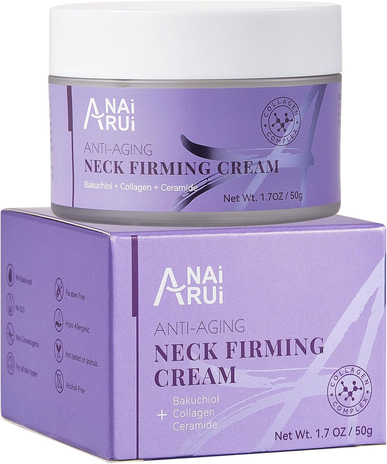 ANAiRUi Crème Raffermissante pour le Cou, Anti-Âge pour le Cou et le Décolleté avec Bakuchiol, Collagène et Céramides, 50g