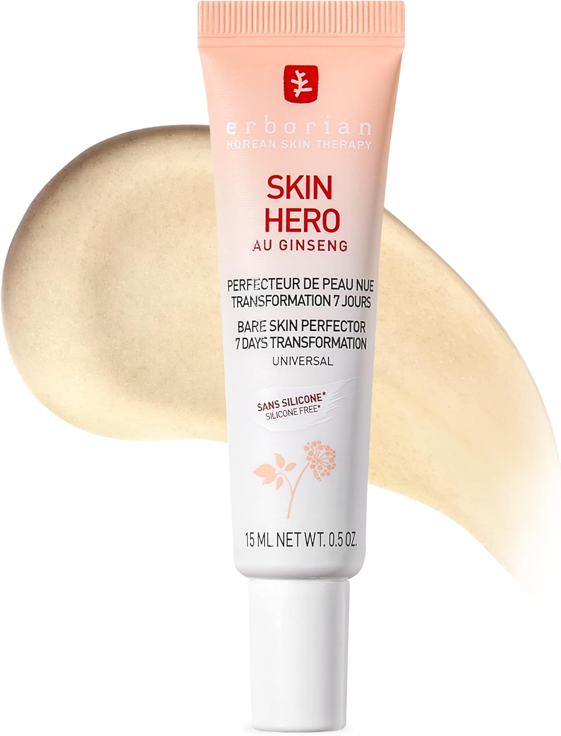 Erborian Skin Hero au Ginseng Blanc - Soin Visage Non Teinté Perfecteur de Peau Nue en 7 Jours avec Acide Hyaluronique - Soin Cosmetique Coréen pour Visage - Skin Hero - 15 ml 15 ml (Lot de 1)