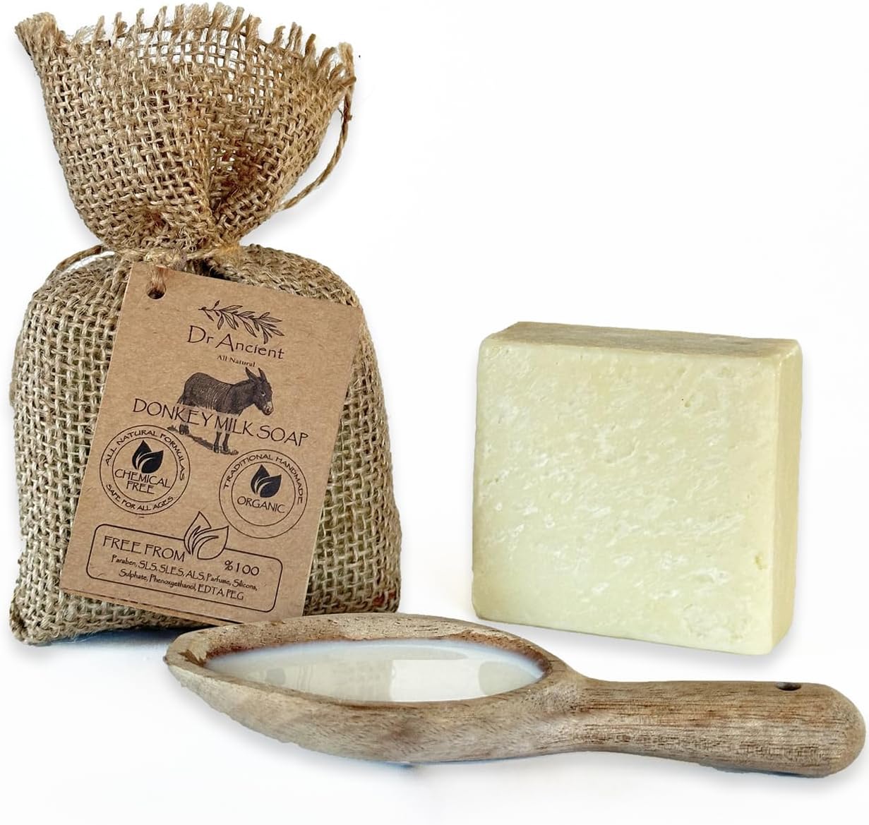 Dr.Ancient Barre de savon au lait d'ânesse biologique naturelle traditionnelle faite à la main - Éclaircissant anti-âge pour la peau, hydratant - Des savons purs et naturels ! Savon au lait d'ânesse 140 g (Lot de 1)