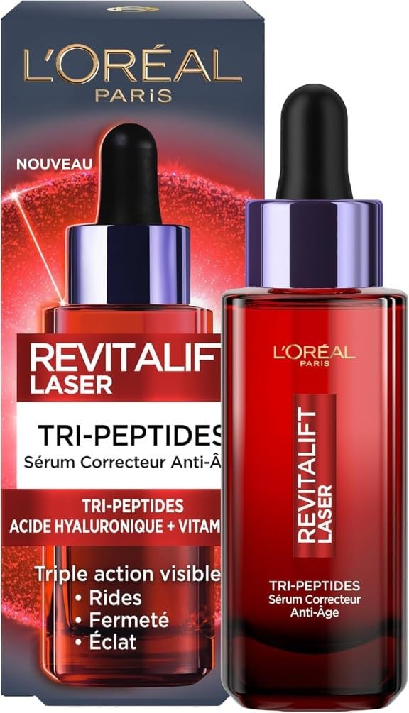 L'Oréal Paris - Sérum Correcteur Visage Anti-Âge - Soin Anti-Âge Triple Action - À l'Acide Hyaluronique, Peptides & Vitamine C - Tous Types de Peau - Revitalift Laser X3-30 ml Sérum Anti-Âge 30ml