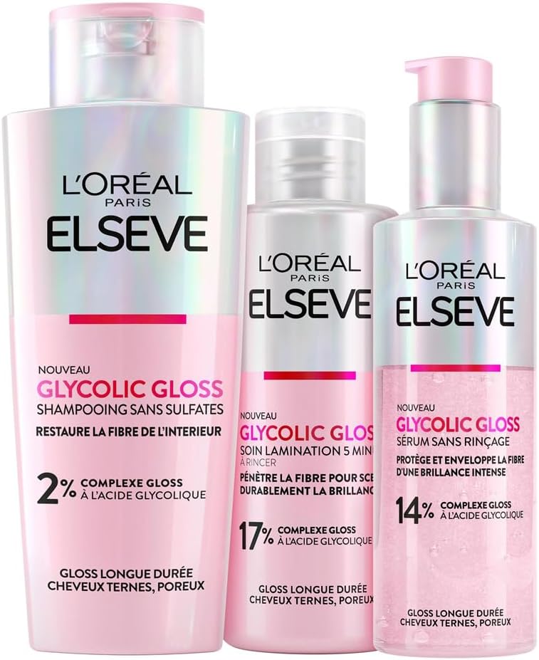 L'Oréal Paris - Routine Capillaire Protectrice pour Cheveux Ternes - Shampooing + Soin Lamination + Sérum Sans Rinçage - Acide Glycolique - Sans Sulfates - Elseve Glycolic Gloss - 3 Produits La Routine Protectrice