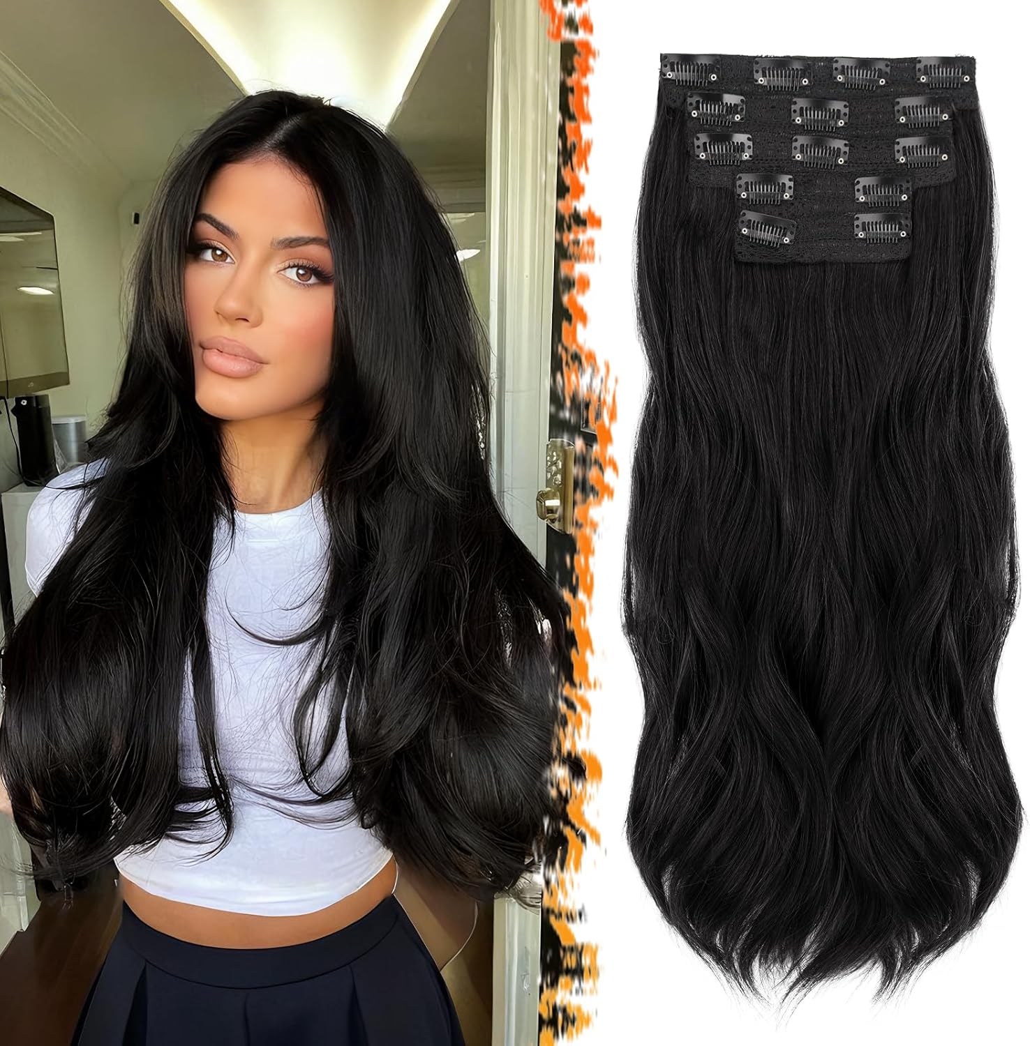 Extension de Cheveux Naturel Clip Noir, 50cm Longue Ondulées Extensions pour Femme 5PCS Tête Pleine Extension de Cheveux à Clips Synthétique Postiche Hair Extensions - Noir Naturel Noir Naturel 50 cm