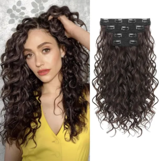 LunarCharm Extensions ondulées en 4 pièces, 40 cm, à clipser, féminines, cheveux courts ondulés, pièces capillaires naturelles et invisibles, Noir Brun